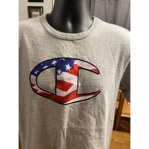 Champion Mens American Flag Logo T-Shirt Heather Gray Sz Medium EUC Activewear - Picture 2 of 9